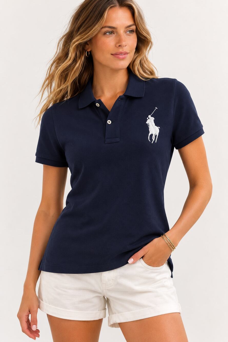Polo Ralph Lauren Big Pony Skinny Fit Polo Shirt Navy Blue White Logo Women's M